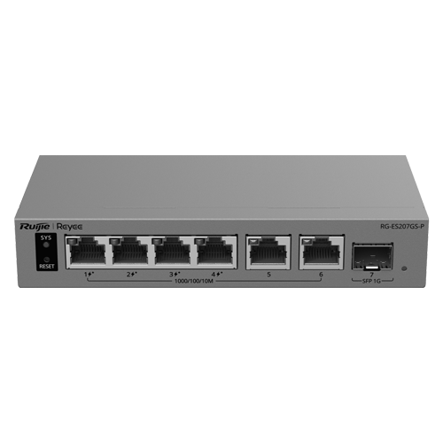Switch L2, 6 x RJ45 1G (4 x PoE+), 1 x SFP 1G, Putere PoE 54W, Cloud Management – Ruijie Reyee RG-ES207GS-P