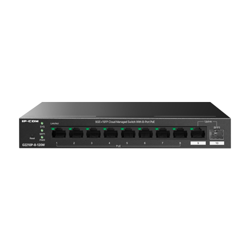 Switch 8 x RJ45 1G PoE, 1 x SFP 1G, 1 x RJ45 1G, 120W, Cloud Management – IP-COM G2210P-8-120W