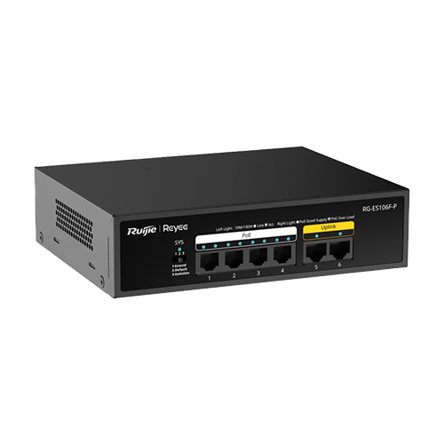 Switch L2, 4 x RJ45 10/100 Mbps PoE, 2 x RJ45 10/100 Mbps, Unmanaged – Ruijie Reyee RG-ES106F-P