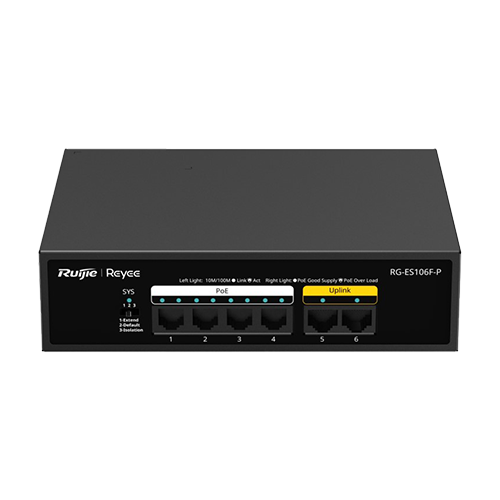 Switch L2, 4 x RJ45 10/100 Mbps PoE, 2 x RJ45 10/100 Mbps, Unmanaged – Ruijie Reyee RG-ES106F-P