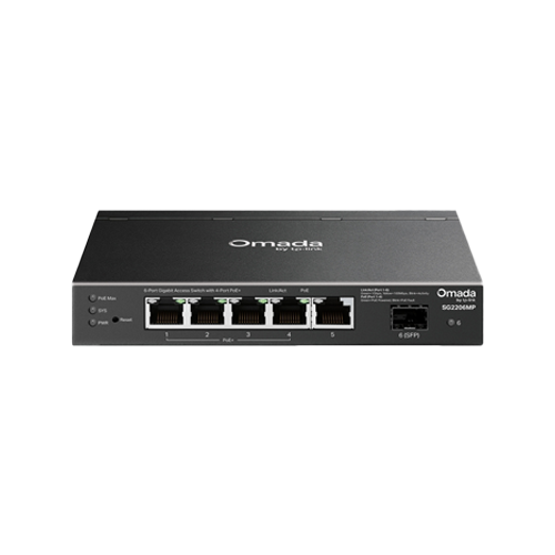 Switch L2+, 5 x RJ45 1G (4 x PoE+), 1 x SFP 1G, Budget PoE 63W, Management – TP-Link Omada SG2206MP